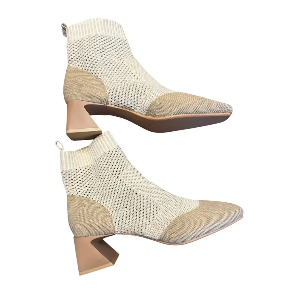Vivaia Melissa Perforated Knit Sock Ankle Boots EU 40 US 9 Beige Square Toe